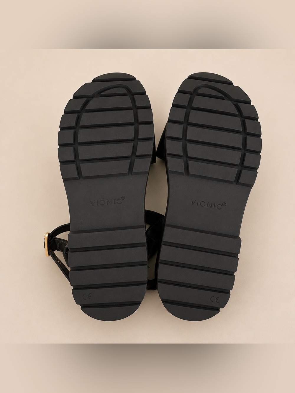 Vionic Black Platform Sandals Size 8 Comfort Footbed Gold Buckle - Picture 5 of 5
